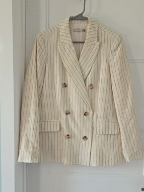 Black Tape Linen Cream Blazer with Black Pinstripes